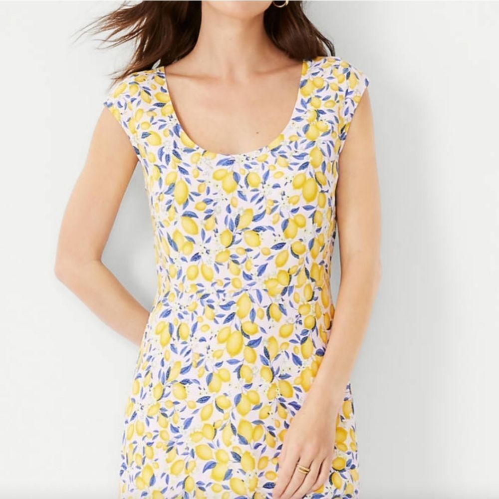 Ann Taylor Yellow Lemon Print Maxi Dress with Blue Leaves
